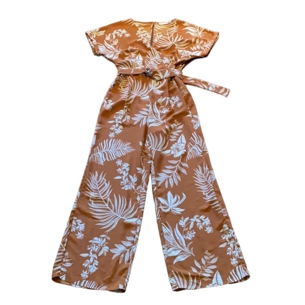 Blu Pepper Tropical Leaf Rust Open Back Jumpsuit - image 1